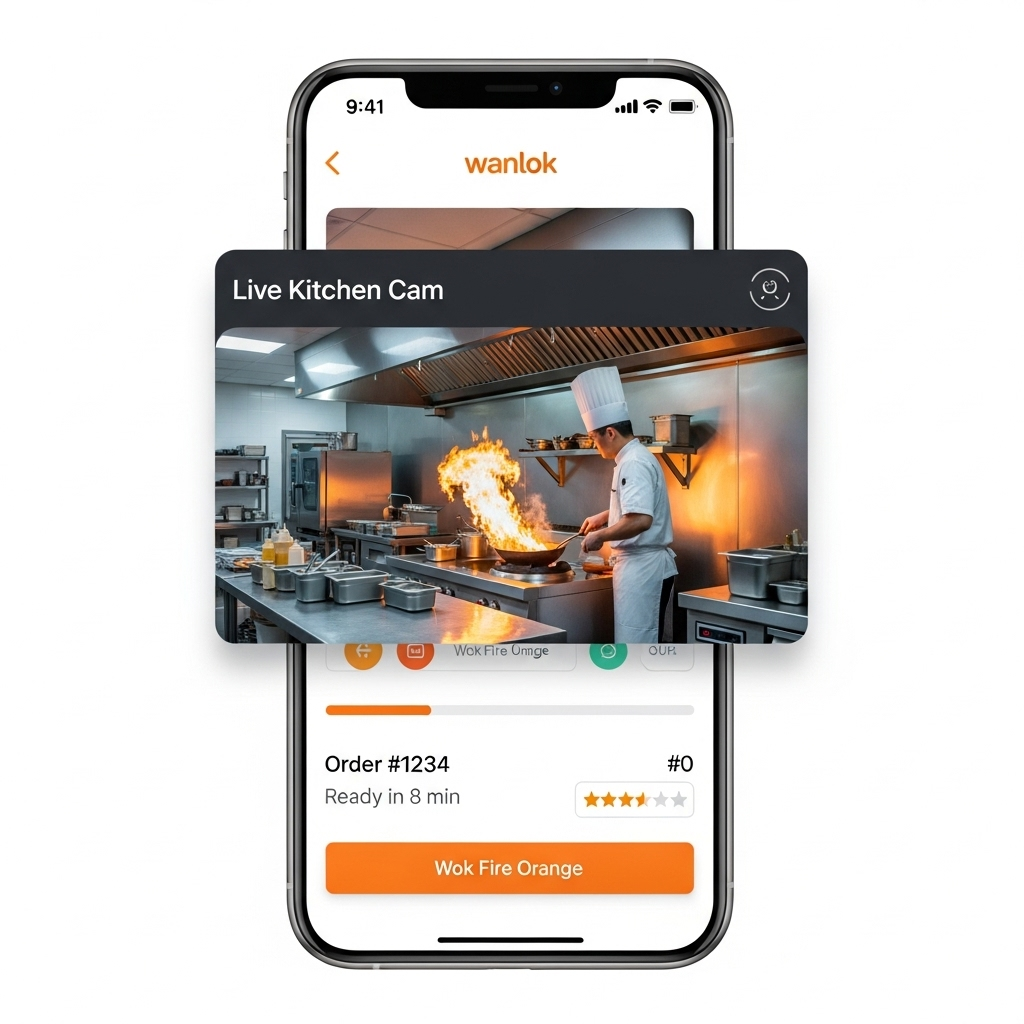 A mockup of the Wanlok app showing the live Kitchen Cam feature